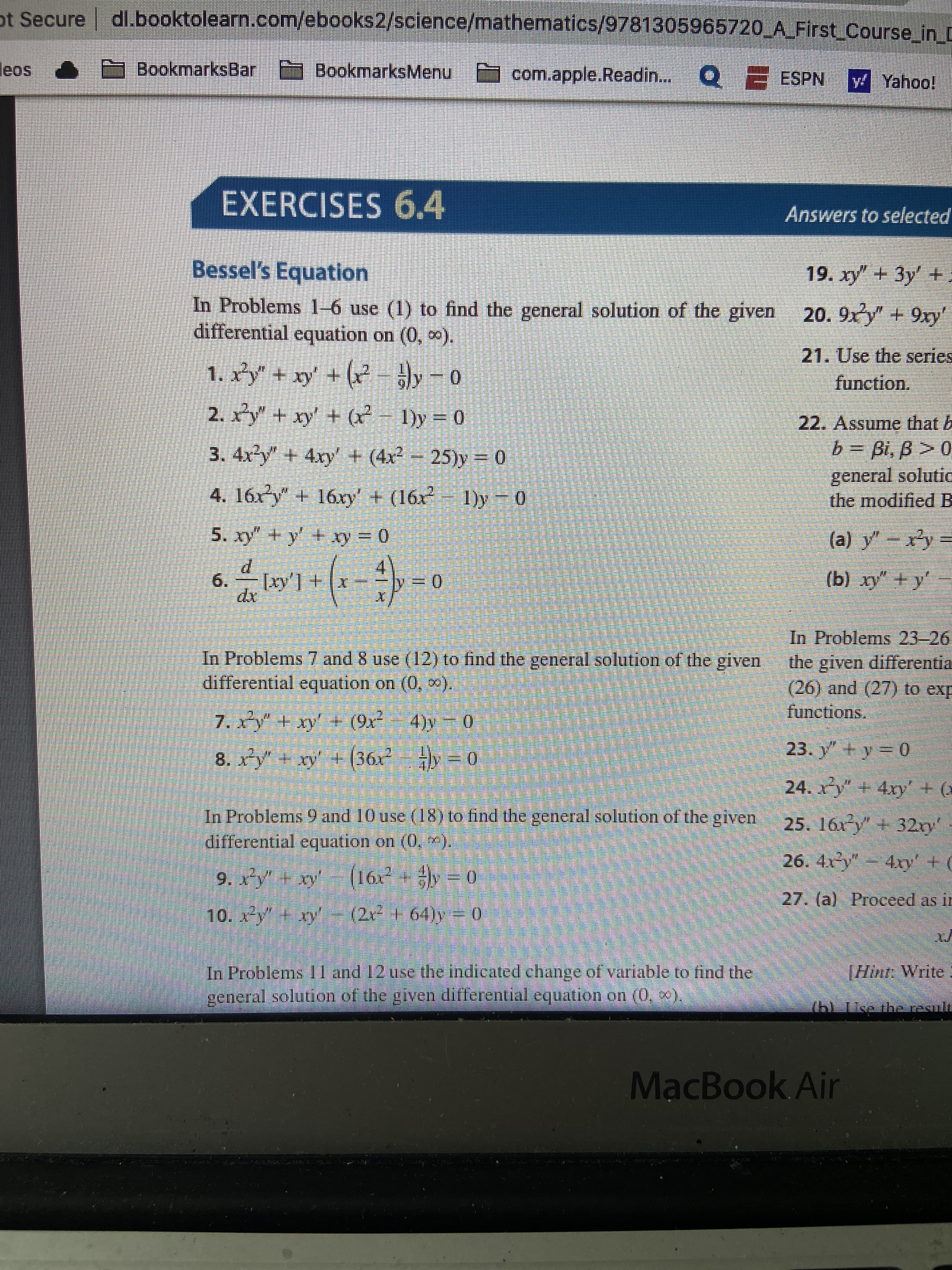 Bessel's Equation
In Problems 1-6 use (1) to find the general solution of the given
differential equation
n (0, ).
