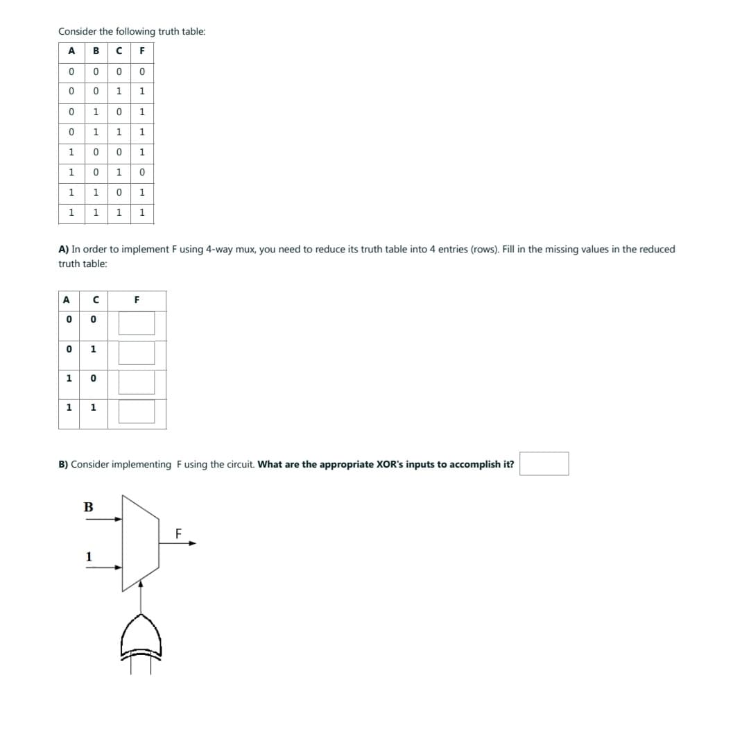 Consider the following truth table:
AB C F
0
0 0 0
ㅇ
0 1 1
0 1 이
1
011 1
100 1
이 1
0
1 0 1
1 1 1
1
1
1
A) In order to implement Fusing 4-way mux, you need to reduce its truth table into 4 entries (rows). Fill in the missing values in the reduced
truth table:
A
0
0
1
C
0
1
0
1 1
B) Consider implementing Fusing the circuit. What are the appropriate XOR's inputs to accomplish it?
B
F
1
마
F