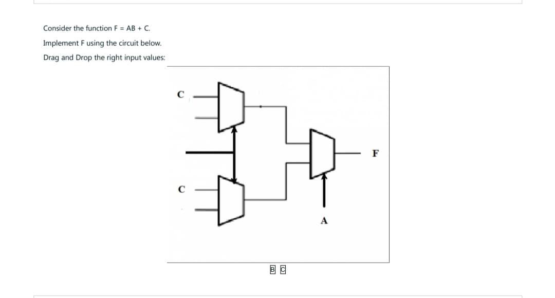 Consider the function F = AB + C.
Implement F using the circuit below.
Drag and Drop the right input values:
C
겨
A
F