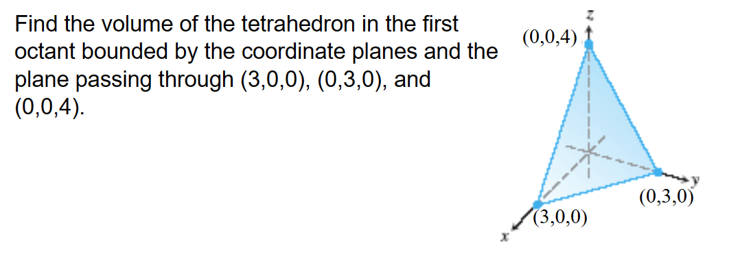 Find the volume of the tetrahedron in the first
octant bounded by the coordinate planes and the
plane passing through (3,0,0), (0,3,0), and
(0,0,4).
(0,0,4)
(3,0,0)
(0,3,0)