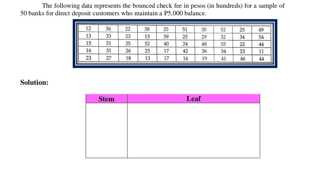 The following data represents the bounced check fee in pesos (in hundreds) for a sample of
50 banks for direct deposit customers who maintain a P5,000 balance.
Solution:
12
13
15
16
23
36
33
31
31
27
Stem
22
23
25
26
18
38
13
52
25
13
25
39
40
17
17
51
25
24
42
16
30
29
48
36
19
Leaf
52
32
55
34
41
25
34
22
23
46
49
54
44
11
44