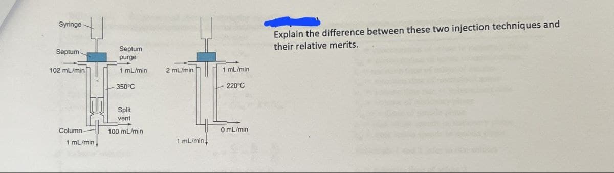 Syringe
Septum.
Septum
purge
102 mL/min
1 mL/min
2 mL/min
1 mL/min
350°C
220°C
Column
1 mL/min
Split
vent
100 mL/min
0 mL/min
1 mL/min.
Explain the difference between these two injection techniques and
their relative merits.