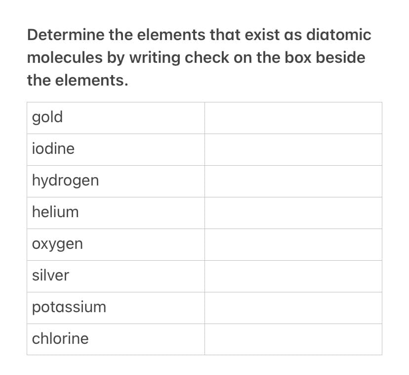 Determine the elements that exist as diatomic
molecules by writing check on the box beside
the elements.
gold
iodine
hydrogen
helium
охудen
silver
potassium
chlorine
