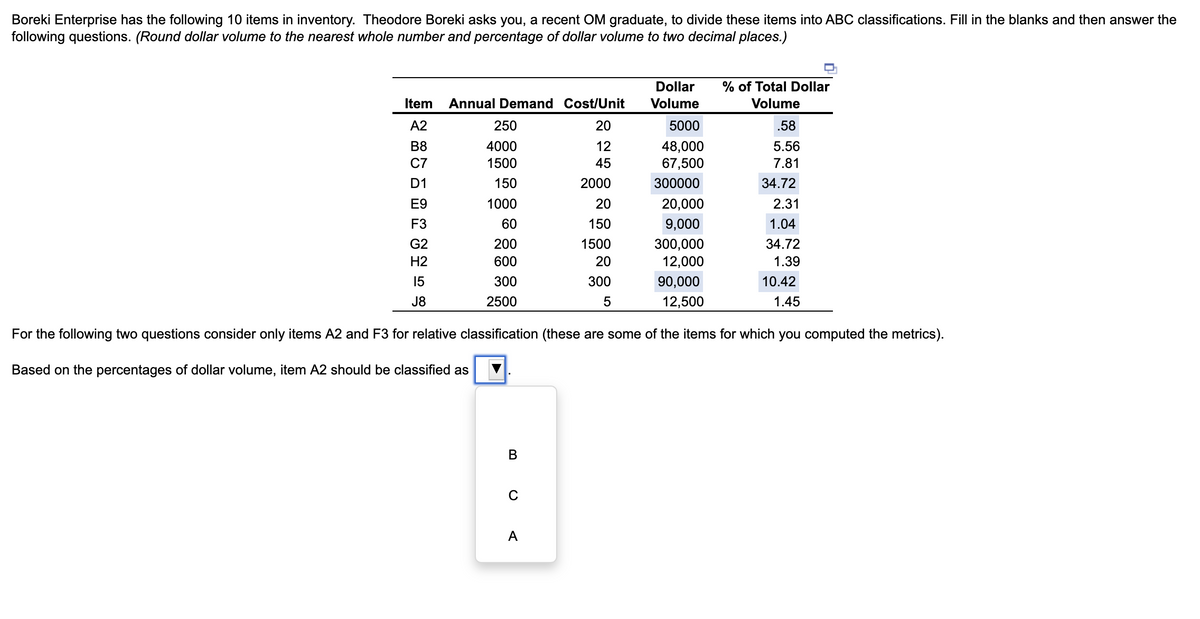 Boreki Enterprise has the following 10 items in inventory. Theodore Boreki asks you, a recent OM graduate, to divide these items into ABC classifications. Fill in the blanks and then answer the
following questions. (Round dollar volume to the nearest whole number and percentage of dollar volume to two decimal places.)
Item
Annual Demand Cost/Unit
Dollar
Volume
% of Total Dollar
Volume
A2
250
20
5000
.58
B8
4000
12
48,000
5.56
C7
1500
45
67,500
7.81
D1
150
2000
300000
34.72
E9
1000
20
20,000
2.31
F3
60
150
9,000
1.04
G2
200
1500
300,000
34.72
H2
600
20
12,000
1.39
15
J8
58
300
2500
300
5
90,000
12,500
10.42
1.45
For the following two questions consider only items A2 and F3 for relative classification (these are some of the items for which you computed the metrics).
Based on the percentages of dollar volume, item A2 should be classified as
B
C
A