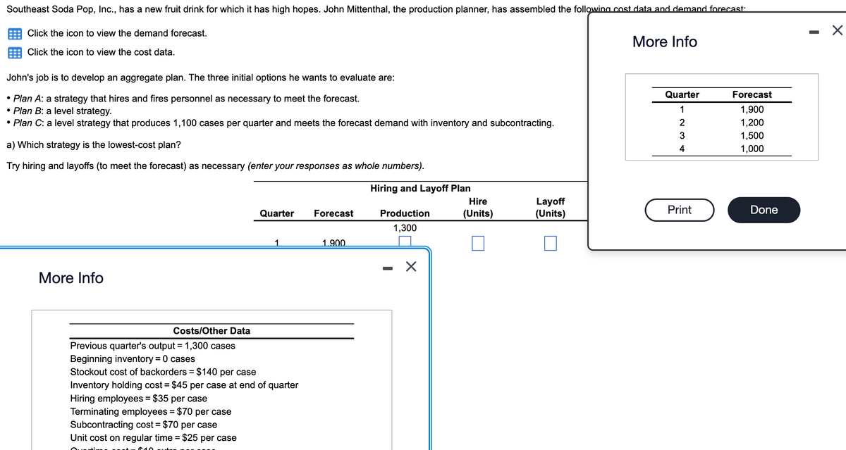 Southeast Soda Pop, Inc., has a new fruit drink for which it has high hopes. John Mittenthal, the production planner, has assembled the following cost data and demand forecast:
Click the icon to view the demand forecast.
Click the icon to view the cost data.
John's job is to develop an aggregate plan. The three initial options he wants to evaluate are:
• Plan A: a strategy that hires and fires personnel as necessary to meet the forecast.
• Plan B: a level strategy.
• Plan C: a level strategy that produces 1,100 cases per quarter and meets the forecast demand with inventory and subcontracting.
a) Which strategy is the lowest-cost plan?
More Info
Quarter
Forecast
1
1,900
1,200
1,500
1,000
234
Try hiring and layoffs (to meet the forecast) as necessary (enter your responses as whole numbers).
Hiring and Layoff Plan
Quarter
Forecast
Production
Hire
(Units)
Layoff
(Units)
Print
Done
1,300
1
1.900
More Info
Costs/Other Data
Previous quarter's output = 1,300 cases
Beginning inventory = 0 cases
Stockout cost of backorders = $140 per case
Inventory holding cost = $45 per case at end of quarter
Hiring employees = $35 per case
Terminating employees = $70 per case
Subcontracting cost = $70 per case
Unit cost on regular time = $25 per case
-
☑
☑