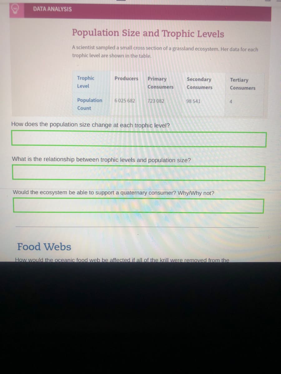 DATA ANALYSIS
Population Size and Trophic Levels
A scientist sampled a small cross section of a grassland ecosystem. Her data for each
trophic level are shown in the table.
Trophic
Producers
Primary
Secondary
Tertiary
Level
Consumers
Consumers
Consumers
Population
6 025 682
723 082
98 541
4.
Count
How does the population size change at each trophic level?
What is the relationship between trophic levels and population size?
Would the ecosystem be able to support a quaternary consumer? Why/Wwhy not?
Food Webs
How would the oceanic food web be affected if all of the krill were removed from the
