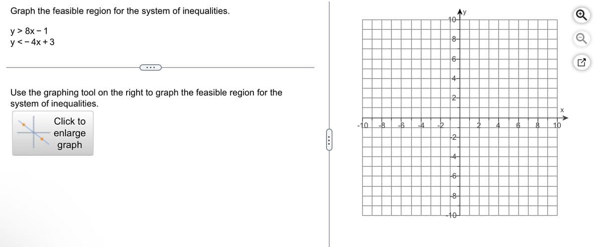 Graph the feasible region for the system of inequalities.
y > 8x - 1
y <- 4x + 3
Use the graphing tool on the right to graph the feasible region for the
system of inequalities.
Click to
enlarge
graph
C
-10
ट्रै
10-
8
6-
4-
2
2
--4-
--6-
--8-
-10
x个
6
Q