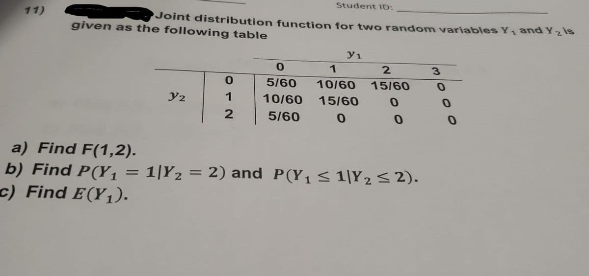 Student ID:
11)
Joint distribution function for two random variables Y 1 and Y2 IS
given as the following table
y1
3.
5/60
10/60
15/60
Y2
1
10/60
15/60
0.
5/60
a) Find F(1,2).
b) Find P(Y1
c) Find E(Y1).
1|Y2 = 2) and P(Y,<1|Y252).
