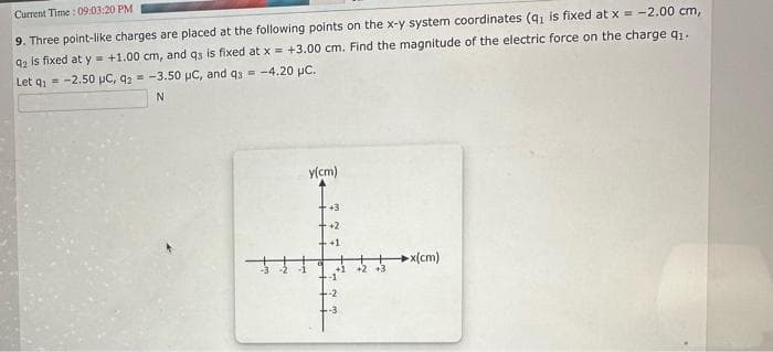 Current Time: 09:03:20 PM
9. Three point-like charges are placed at the following points on the x-y system coordinates (q1 is fixed at x = -2.00 cm,
92 is fixed at y = +1.00 cm, and qs is fixed at x = +3.00 cm. Find the magnitude of the electric force on the charge q1.
Let q₁ -2.50 µC, 92= -3.50 μC, and q3 = -4.20 μC.
N
y(cm)
+1
+2 +3
x(cm)