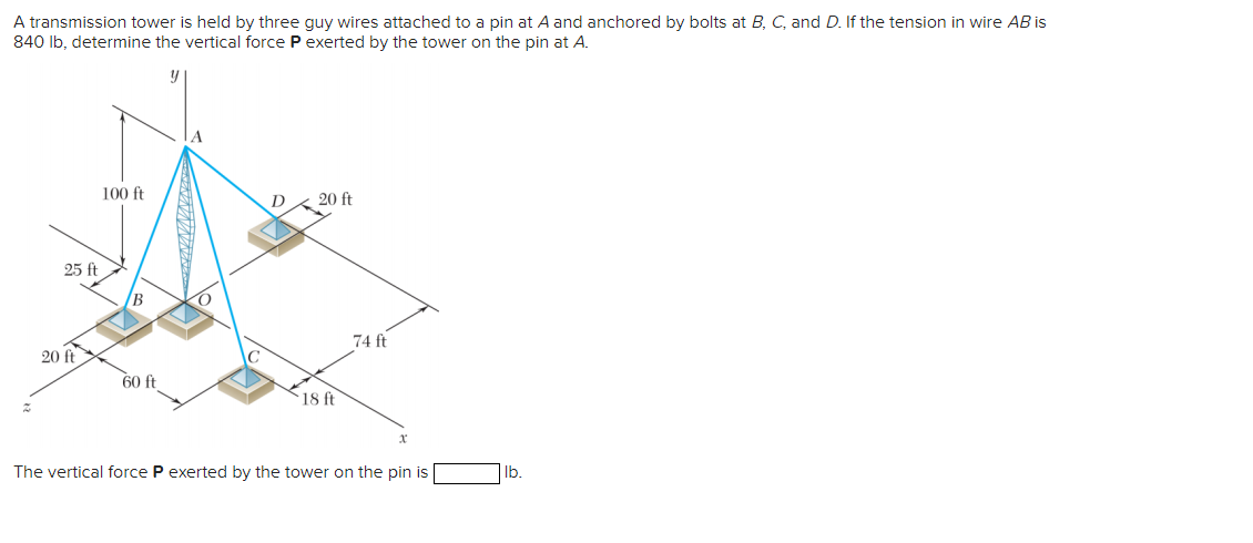 A transmission tower is held by three guy wires attached to a pin at A and anchored by bolts at B, C, and D. If the tension in wire AB is
840 lb, determine the vertical force P exerted by the tower on the pin at A.
25 ft
20 ft
100 ft
B
60 ft
D
20 ft
18 ft
74 ft
x
The vertical force P exerted by the tower on the pin is
lb.