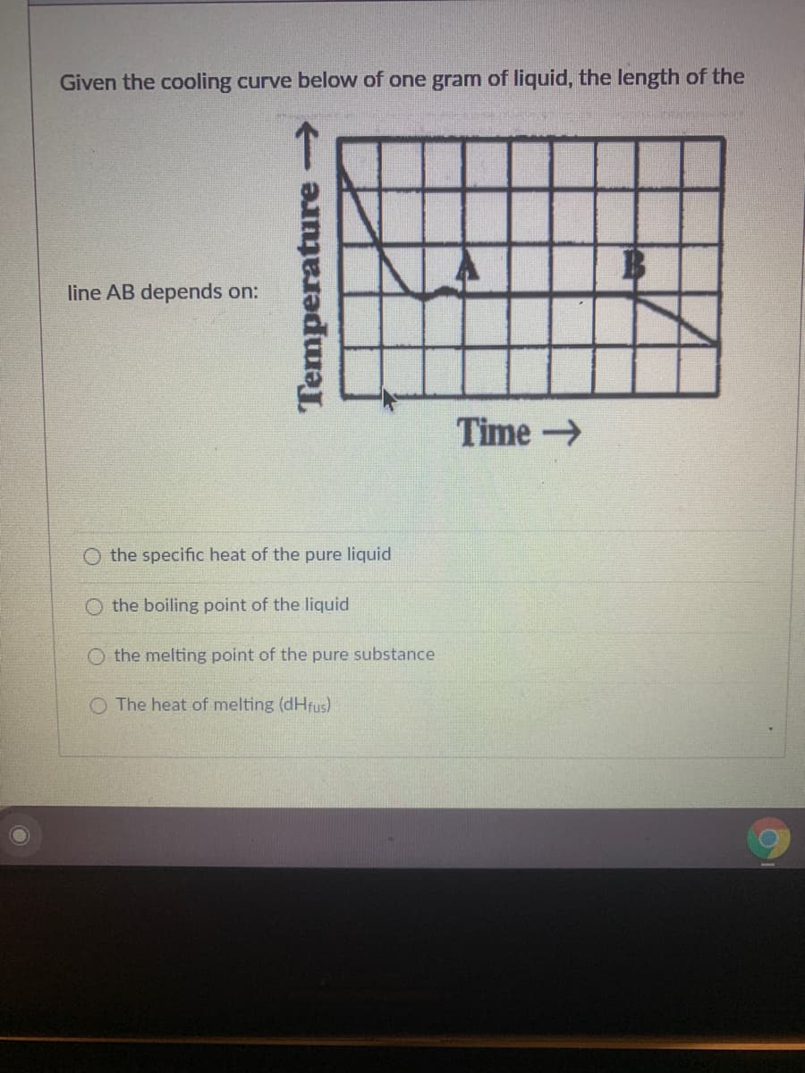 Given the cooling curve below of one gram of liquid, the length of the
line AB depends on:
Time →
the specific heat of the pure liquid
O the boiling point of the liquid
the melting point of the pure substance
The heat of melting (dHfus)
Temperature
