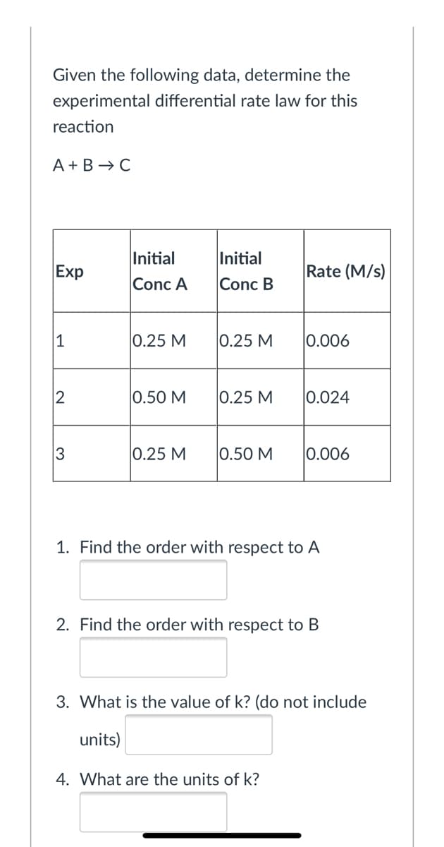 Given the following data, determine the
experimental differential rate law for this
reaction
A + B → C
Initial
Initial
Exp
Rate (M/s)
Conc A
Conc B
1
0.25 M
|0.25 M
|0.006
2
0.50 M
0.25 M
0.024
3
0.25 M
0.50 M
0.006
1. Find the order with respect to A
2. Find the order with respect to B
3. What is the value of k? (do not include
units)
4. What are the units of k?
