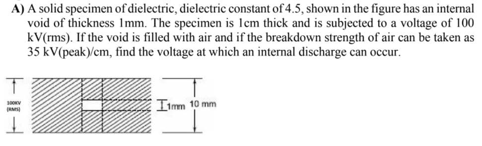 A) A solid specimen of dielectric, dielectric constant of 4.5, shown in the figure has an internal
void of thickness 1mm. The specimen is 1cm thick and is subjected to a voltage of 100
kV(rms). If the void is filled with air and if the breakdown strength of air can be taken as
35 kV(peak)/cm, find the voltage at which an internal discharge can occur.
Ilmm 10 mm
100KV
(RMS)
