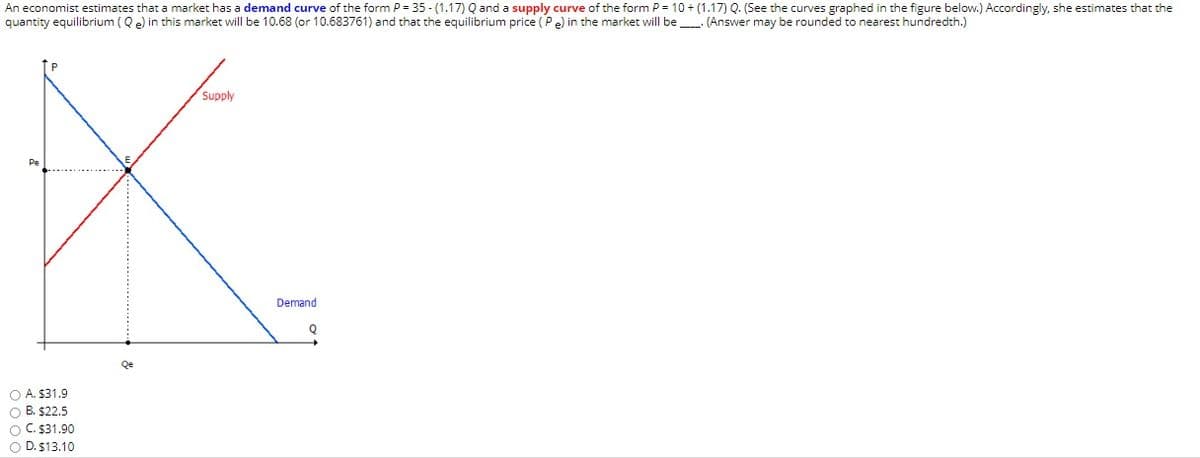 An economist estimates that a market has a demand curve of the form P = 35 - (1.17) Q and a supply curve of the form P = 10 + (1.17) Q. (See the curves graphed in the figure below.) Accordingly, she estimates that the
quantity equilibrium (Q e) in this market will be 10.68 (or 10.683761) and that the equilibrium price (Pe) in the market will be (Answer may be rounded to nearest hundredth.)
Supply
Pe
Demand
O A. $31.9
O B. $22.5
O C. $31.90
O D. $13.10
