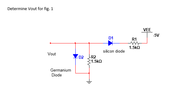 Determine Vout for fig. 1
VEE
-5V
D1
R1
1.5kQ
silicon diode
Vout
D2
R2
1.5kQ
Germanium
Diode
