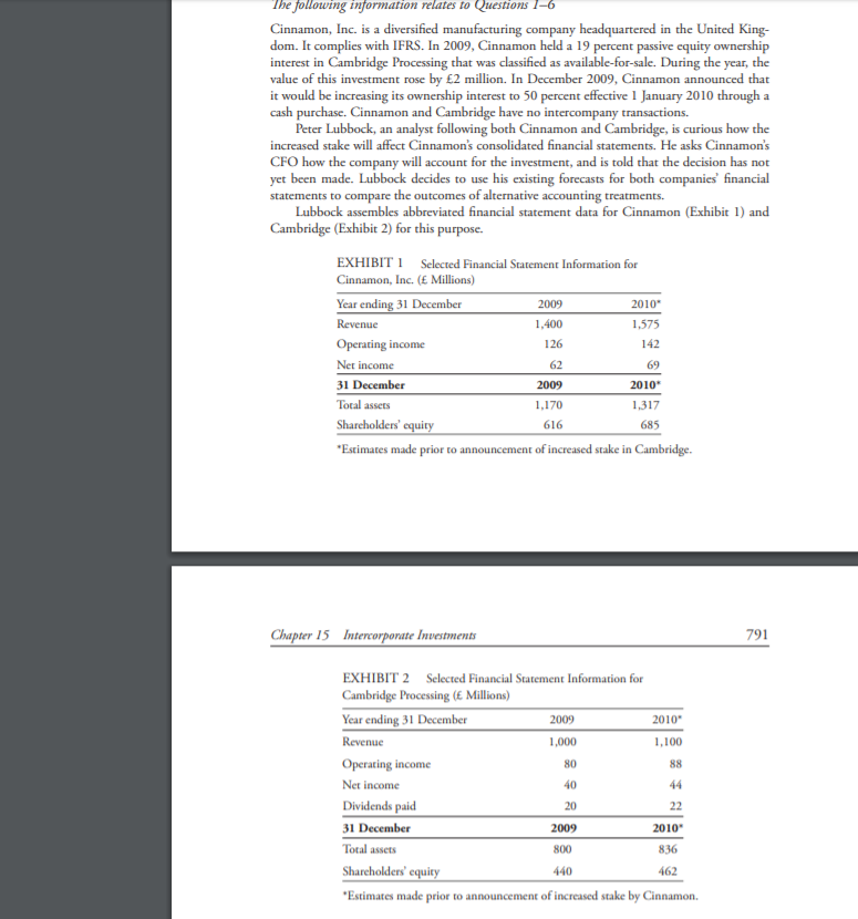 The following information relates to Questions 1-6
Cinnamon, Inc. is a diversified manufacturing company headquartered in the United King-
dom. It complies with IFRS. In 2009, Cinnamon held a 19 percent passive equity ownership
interest in Cambridge Processing that was classified as available-for-sale. During the year, the
value of this investment rose by £2 million. In December 2009, Cinnamon announced that
it would be increasing its ownership interest to 50 percent effective 1 January 2010 through a
cash purchase. Cinnamon and Cambridge have no intercompany transactions.
Peter Lubbock, an analyst following both Cinnamon and Cambridge, is curious how the
increased stake will affect Cinnamon's consolidated financial statements. He asks Cinnamon's
CFO how the company will account for the investment, and is told that the decision has not
yet been made. Lubbock decides to use his existing forccasts for both companies' financial
statements to compare the outcomes of alternative accounting treatments.
Lubbock assembles abbreviated financial statement data for Cinnamon (Exhibit 1) and
Cambridge (Exhibit 2) for this purpose.
EXHIBIT 1
Selected Financial Statement Information for
Cinnamon, Inc. (E Millions)
Year ending 31 December
2010
2009
Revenue
1,400
1,575
Operating income
126
142
Net income
31 December
62
69
2009
2010
Total assets
1,170
1,317
Shareholders' equity
616
685
"Estimates made prior to announcement of increased stake in Cambridge.
Chapter 15 Intercorporate Investments
791
EXHIBIT 2 Selected Financial Statement Information for
Cambridge Processing (E Millions)
Year ending 31 December
2009
2010
Revenue
1,000
1,100
Operating income
80
88
Net income
40
44
Dividends paid
20
22
31 December
2009
2010
Total assets
800
836
Shareholders' equity
440
462
"Estimates made prior to announcement of increased stake by Cinnamon.
