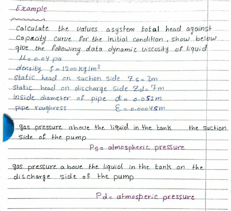 -Example
the values. asystem total head. against
for the initial condition, show below
- give the Lallowiny data dynamic uiscosity of liquid
Calculate
capacity curve
density S-1200 kgim3
Static head on Suction Side 7S-3m
Static heac on discharge Side Zd= 7m
inside diameter of pipe di = o.052m
-pipe roughress
E3D0.00045m.
gas pressure aboue the liquid in the tank
Side of the pump
the Suction
Ps= atmospheric pressure.
gas pressure above the liquicd in the tank on
discharge side of the pump.
the
dund
Pd= atmesperic pressure
