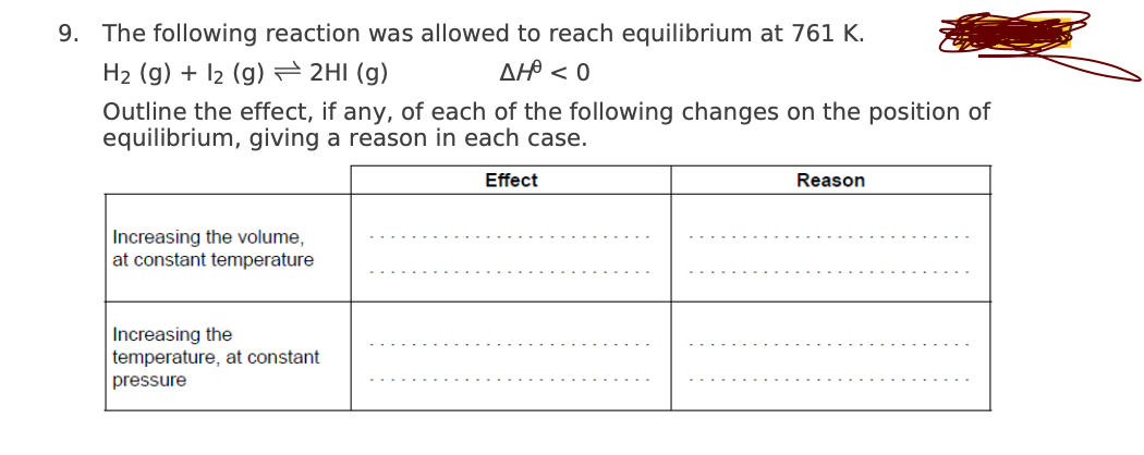 9. The following reaction was allowed to reach equilibrium at 761 K.
H2 (g) + I2 (g)= 2HI (g)
AH < 0
Outline the effect, if any, of each of the following changes on the position of
equilibrium, giving a reason in each case.
Effect
Reason
Increasing the volume,
at constant temperature
Increasing the
temperature, at constant
pressure
