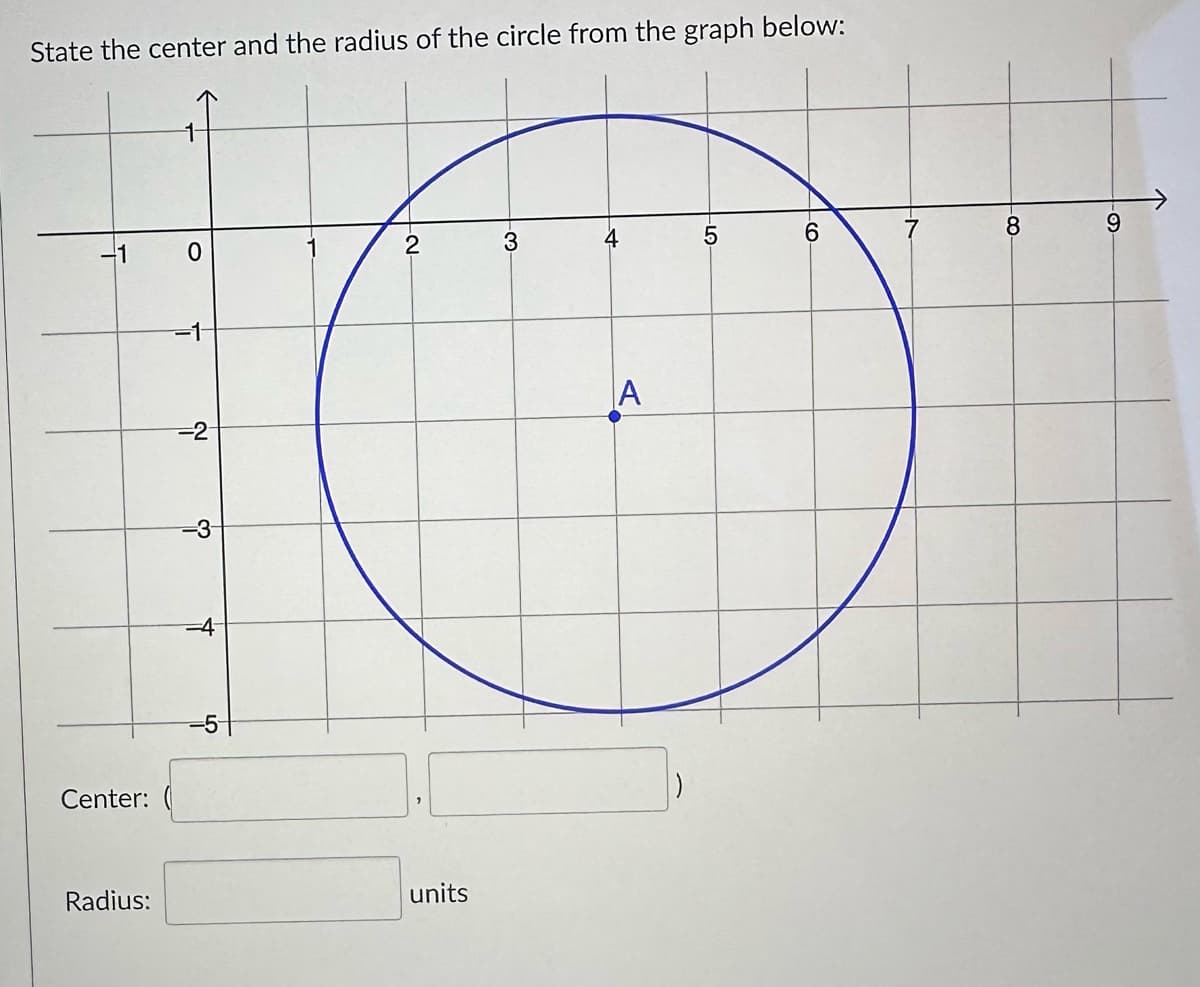 State the center and the radius of the circle from the graph below:
Center:
Radius:
O
-2
-3
+
5
2
units
3
4
A
·LO
5
6
8
9