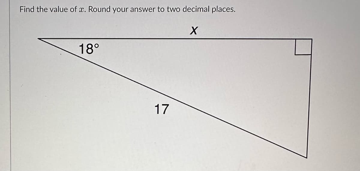 Find the value of x. Round your answer to two decimal places.
X
18°
17