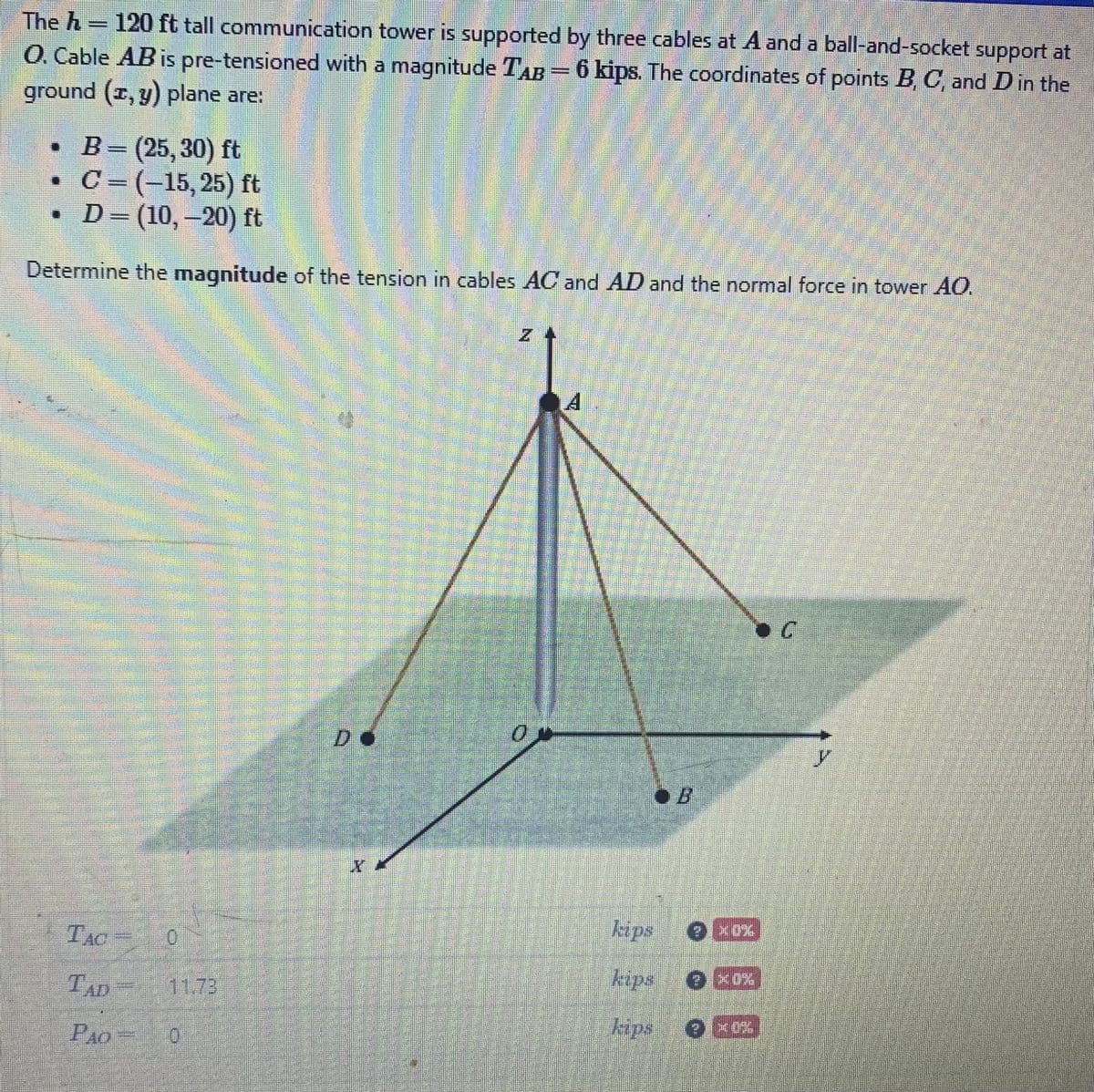 The h 120 ft tall communication tower is supported by three cables at A and a ball-and-socket support at
O. Cable AB is pre-tensioned with a magnitude TAB= 6 kips. The coordinates of points B, C, and D in the
ground (x, y) plane are:
B = (25, 30) ft
C=(-15, 25) ft
D = (10, −20) ft
Determine the magnitude of the tension in cables AC and AD and the normal force in tower AO.
•
•
TAC
TAD
PAO=
0
11.73
0
1
kips
kips → xox
kips
C