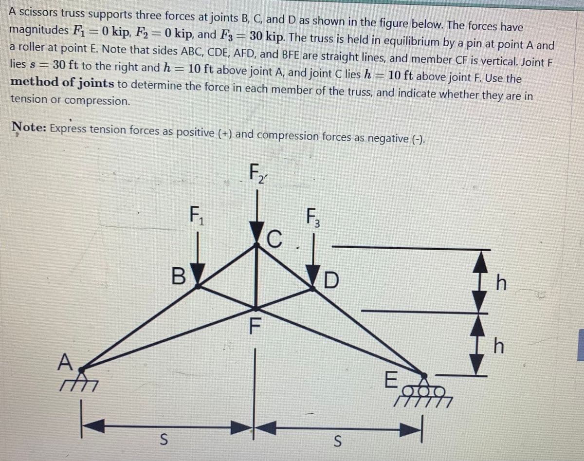 A scissors truss supports three forces at joints B, C, and D as shown in the figure below. The forces have
magnitudes F₁ = 0 kip, F₂ = 0 kip, and F3 = 30 kip. The truss is held in equilibrium by a pin at point A and
a roller at point E. Note that sides ABC, CDE, AFD, and BFE are straight lines, and member CF is vertical. Joint F
lies s =
30 ft to the right and h = 10 ft above joint A, and joint C lies h
method of joints to determine the force in each member of the truss, and indicate whether they are in
10 ft above joint F. Use the
tension or compression.
Note: Express tension forces as positive (+) and compression forces as negative (-).
A
S
B
F₂₁
F₂
2
F
LL
C
F₂
D
S
GENER
E 000
7777
휴
Th
h