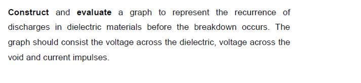 Construct and evaluate a graph to represent the recurrence of
discharges in dielectric materials before the breakdown occurs. The
graph should consist the voltage across the dielectric, voltage across the
void and current impulses.
