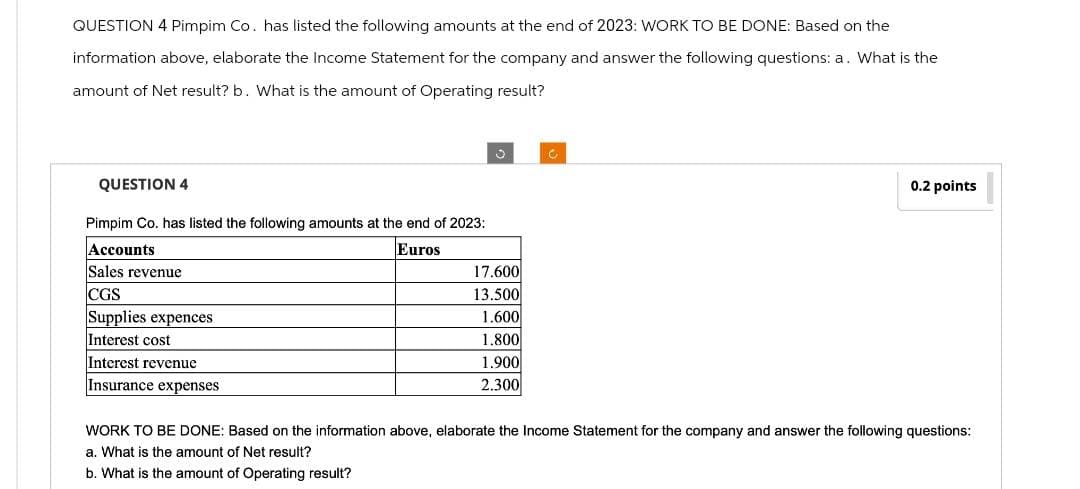 QUESTION 4 Pimpim Co. has listed the following amounts at the end of 2023: WORK TO BE DONE: Based on the
information above, elaborate the Income Statement for the company and answer the following questions: a. What is the
amount of Net result? b. What is the amount of Operating result?
QUESTION 4
Pimpim Co. has listed the following amounts at the end of 2023:
Accounts
Euros
Sales revenue
CGS
Supplies expences
Interest cost
Interest revenue
Insurance expenses
17.600
13.500
1.600
1.800
1.900
2.300
C
0.2 points
WORK TO BE DONE: Based on the information above, elaborate the Income Statement for the company and answer the following questions:
a. What is the amount of Net result?
b. What is the amount of Operating result?