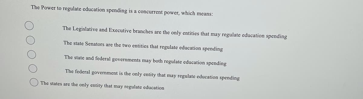 The Power to regulate education spending is a concurrent power, which means:
The Legislative and Executive branches are the only entities that may regulate education spending
The state Senators are the two entities that regulate education spending
The state and federal governments may both regulate education spending
The federal government is the only entity that may regulate education spending
The states are the only entity that may regulate education
