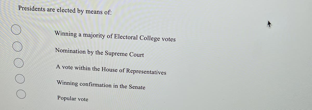 Presidents are elected by means of:
Winning a majority of Electoral College votes
Nomination by the Supreme Court
A vote within the House of Representatives
Winning confirmation in the Senate
Popular vote
