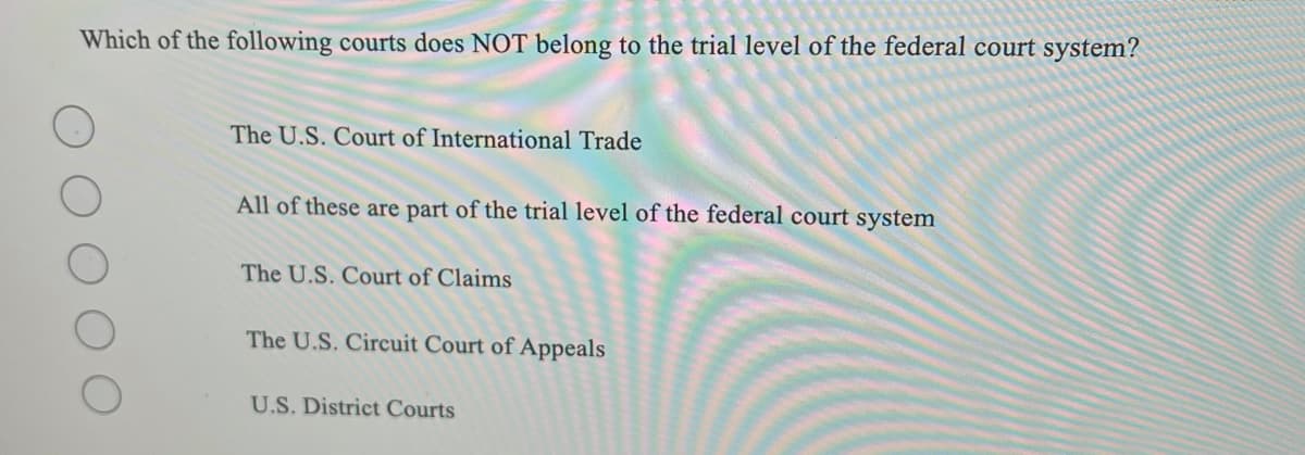 Which of the following courts does NOT belong to the trial level of the federal court system?
The U.S. Court of International Trade
All of these are part of the trial level of the federal court system
The U.S. Court of Claims
The U.S. Circuit Court of Appeals
U.S. District Courts
