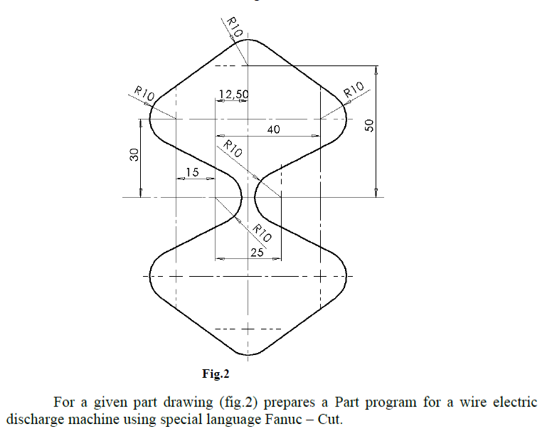 R10
RIO
12,50
30
15
R10
40
R10
RTO
25
50
Fig.2
For a given part drawing (fig.2) prepares a Part program for a wire electric
discharge machine using special language Fanuc - Cut.