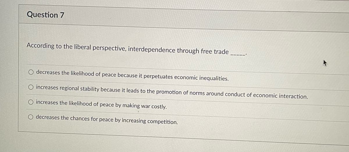 Question 7
According to the liberal perspective, interdependence through free trade
O decreases the likelihood of peace because it perpetuates economic inequalities.
O increases regional stability because it leads to the promotion of norms around conduct of economic interaction.
O increases the likelihood of peace by making war costly.
O decreases the chances for peace by increasing competition.