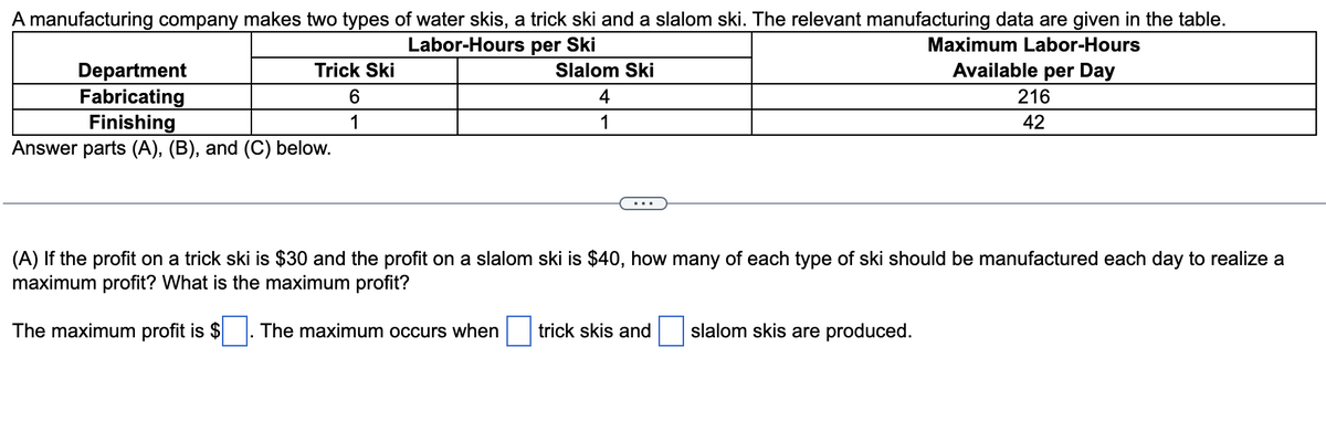 A manufacturing company makes two types of water skis, a trick ski and a slalom ski. The relevant manufacturing data are given in the table.
Labor-Hours per Ski
Maximum Labor-Hours
Available per Day
Department
Fabricating
Finishing
Answer parts (A), (B), and (C) below.
Trick Ski
6
1
Slalom Ski
4
1
(A) If the profit on a trick ski is $30 and the profit on a slalom ski is $40, how many of each type of ski should be manufactured each day to realize a
maximum profit? What is the maximum profit?
The maximum profit is $ The maximum occurs when
trick skis and
216
42
slalom skis are produced.