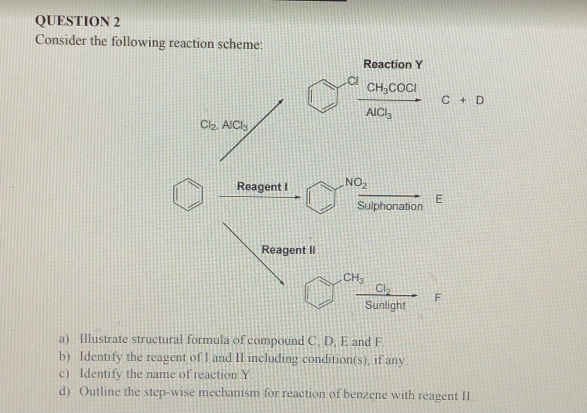 QUESTION 2
Consider the following reaction scheme:
Reaction Y
CI
CH;COCI
C D
AICI,
Cl2, AICI3
Reagent I
NO,
Sulphonation
Reagent II
CH3
Cl
Sunlight
F
a) Illustrate structural formula of compound C, D, E and F.
b) Identify the reagent of I and II including condition(s), if any
c) Identify the name of reaction Y
d) Outline the step-wise mechanism for reaction of benzene with reagent II.
