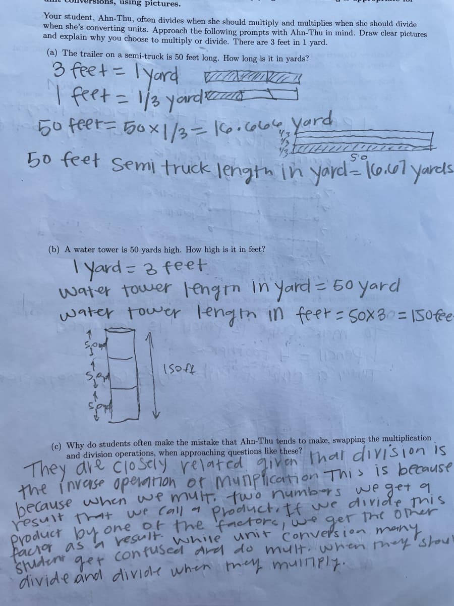 ns, using pictures.
Your student, Ahn-Thu, often divides when she should multiply and multiplies when she should divide
when she's converting units. Approach the following prompts with Ahn-Thu in mind. Draw clear pictures
and explain why you choose to multiply or divide. There are 3 feet in 1 yard.
(a) The trailer on a semi-truck is 50 feet long. How long is it in yards?
3 feet= lyard KA
I feet= 13 yardez
%3D
a
50 feer= 5ox|/3=Korcolo6o yord
50 feet semi truck length in yard- 16.601 yards
%3D
S'o
(b) A water tower is 50 yards high. How high is it in feet?
Tyard = 3 feetE
water tower lengrn in yard = 50 yard
water tower lengin in feet= Sox30= 15Ofe-
(c) Why do students often make the mistake that Ahn-Thu tends to make, swapping the multiplication
and division operations, when approaching questions like these?
They are cloSely related given Thar divi'sion is
the inverse operation of munpfication This is because
because when wemunT, two numbors we get 9
result that we Call a Productitf we divide his
Pyoduct by one ot the 'factors, we ger the omer
bactor as resulr while unit conversion meiny
chudent ger contuscd drd do mut. when they'stou
divide and divide when tmey muinply.
get
