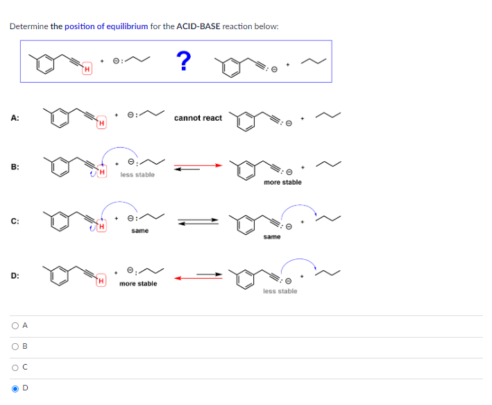 Determine the position of equilibrium for the ACID-BASE reaction below:
?
A:
B:
less stable
cannot react
more stable
C:
TH
same
same
D:
OA
OB
о
0
H
more stable
less stable