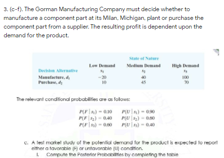 3. (c-f). The Gorman Manufacturing Company must decide whether to
manufacture a component part at its Milan, Michigan, plant or purchase the
component part from a supplier. The resulting profit is dependent upon the
demand for the product.
State of Nature
Low Demand
Medium Demand
High Demand
Decislon Alternative
Manufacture, d
Purchase, d
-20
10
40
45
100
70
The relevant condifional probabilities are as follows:
P(F|) - 0.10
P(F 52) - 0.40
P(F|5) - 0.00
P(U s) - 0.90
P(U |5) = 0.00
P(U|s3) - 0.40
c. A lest market study of the potential dermand for the product is expected to report
either a tavorable (F) or untavorable (U) condition.
I. Compute the Posterlor Probabilitles by completing the table
