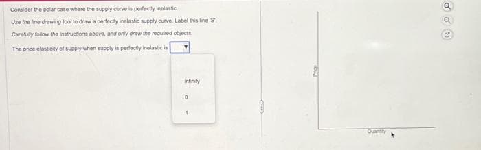 Consider the polar case where the supply curve is perfectly inelastic.
Use the line drawing tool to draw a perfectly inelastic supply curve. Label this line 'S'.
Carefully follow the instructions above, and only draw the required objects.
The price elasticity of supply when supply is perfectly inelastic is
infinity
10
1
Quantity
C