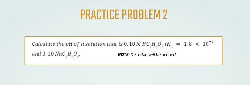 PRACTICE PROBLEM 2
=
Calculate the pH of a solution that is 0. 10 M HC₂H₂0, (K
and 0.10 NaC₂H₂0₂
NOTE: ICE Table will be needed
1.8 x 10-5