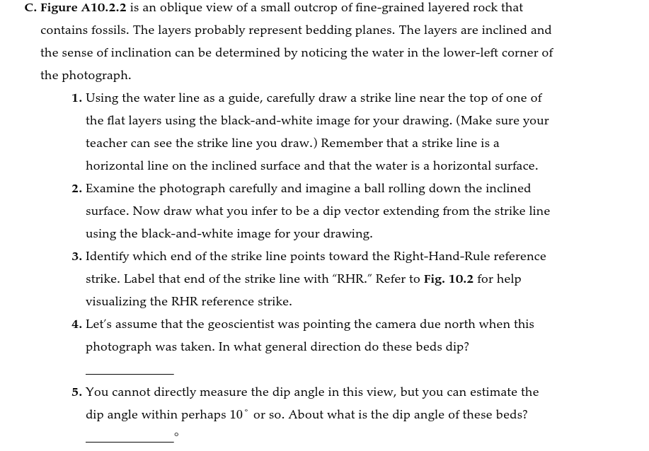 C. Figure A10.2.2 is an oblique view of a small outcrop of fine-grained layered rock that
contains fossils. The layers probably represent bedding planes. The layers are inclined and
the sense of inclination can be determined by noticing the water in the lower-left corner of
the photograph.
1. Using the water line as a guide, carefully draw a strike line near the top of one of
the flat layers using the black-and-white image for your drawing. (Make sure your
teacher can see the strike line you draw.) Remember that a strike line is a
horizontal line on the inclined surface and that the water is a horizontal surface.
2. Examine the photograph carefully and imagine a ball rolling down the inclined
surface. Now draw what you infer to be a dip vector extending from the strike line
using the black-and-white image for your drawing.
3. Identify which end of the strike line points toward the Right-Hand-Rule reference
strike. Label that end of the strike line with "RHR." Refer to Fig. 10.2 for help
visualizing the RHR reference strike.
4. Let's assume that the geoscientist was pointing the camera due north when this
photograph was taken. In what general direction do these beds dip?
5. You cannot directly measure the dip angle in this view, but you can estimate the
dip angle within perhaps 10° or so. About what is the dip angle of these beds?
