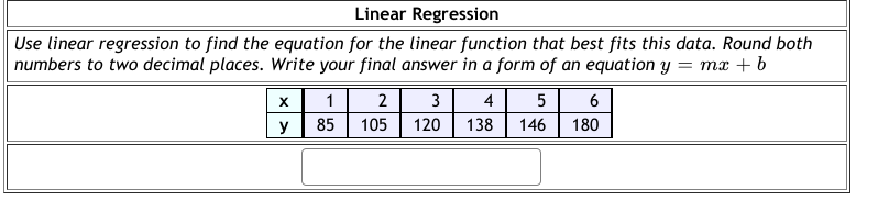 Linear Regression
Use linear regression to find the equation for the linear function that best fits this data. Round both
numbers to two decimal places. Write your final answer in a form of an equation y = mx + b
X
y
1
2
85 105
3 4
120
5
138 146
6
180