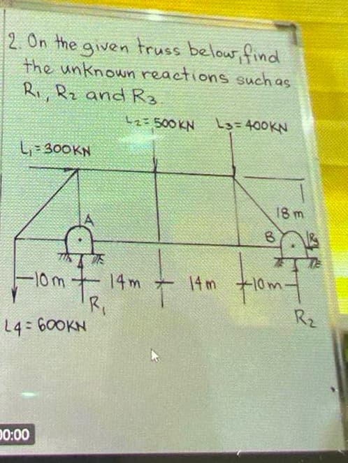 2. On the given truss belour find
the unknown reactions such as
Ri, Rz and R3
してこ500KN
L3=400KN
し300KN
18 m
tom-
Rz
10m
10m+14m t 14m
'Ri
L4 600KN
D0:00
