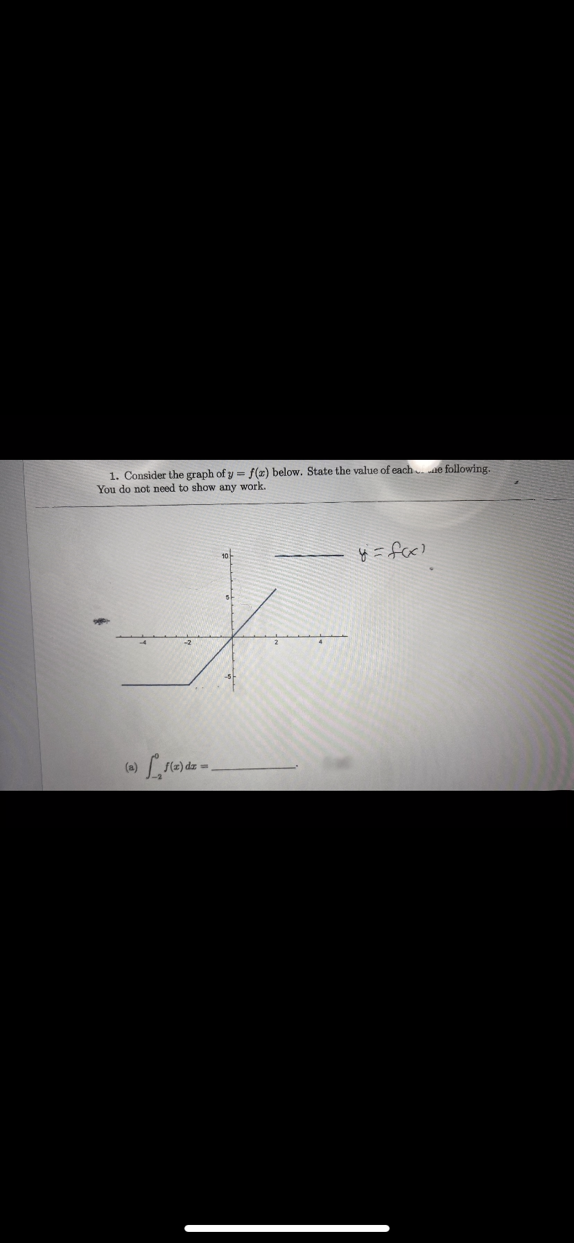 1. Consider the graph of y = f(x) below. State the value of each me following.
You do not need to show any work.
-2
(a) f(x) dx =
10
y = f(x)