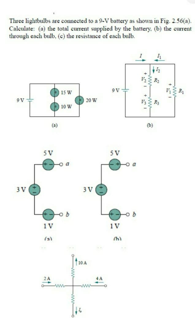 Three lightbulbs are connected to a 9-V battery as shown in Fig. 2.56(a).
Calculate: (a) the total current supplied by the battery. (b) the current
through each bulb, (c) the resistance of each bulb.
V2 R2
15 W
V R1
A6
9 V
20 W
V3 { R3
10 W
(a)
(b)
5 V
5 V
a
-o a
3 V
3 V
-o b
1 V
1V
(a)
1 10 A
4 A
ww
ww
