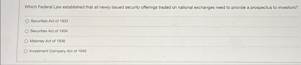 Which Federal Law established that all newly issued security offerings traded on national exchanges need to provide a prospectus to investors?
O Securities Act of 1933
O Securities Act of 1934
O Maloney Act of 1938
O Investment Company Act of 1940