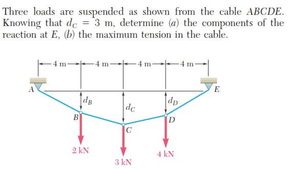 Three loads are suspended as shown from the cable ABCDE.
Knowing that dc = 3 m, determine (a) the components of the
reaction at E, (b) the maximum tension in the cable.
- 4 m -4 m-
-4 m-
-4 m
E
dB
dp
dc
B
D.
C
2 kN
4 kN
3 kN
