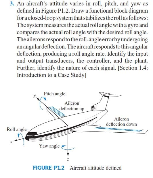 3. An aircraft's attitude varies in roll, pitch, and yaw as
defined in Figure P1.2. Draw a functional block diagram
for a closed-loop system that stabilizes the roll as follows:
The system measures the actual roll angle with a gyro and
compares the actual roll angle with the desired roll angle.
The ailerons respond to the roll-angle error by undergoing
an angular deflection. The aircraft responds to this angular
deflection, producing a roll angle rate. Identify the input
and output transducers, the controller, and the plant.
Further, identify the nature of each signal. [Section 1.4:
Introduction to a Case Study]
Roll angle
X
Pitch angle
Aileron
deflection up
Yaw angle
Aileron
deflection down
FIGURE P1.2 Aircraft attitude defined