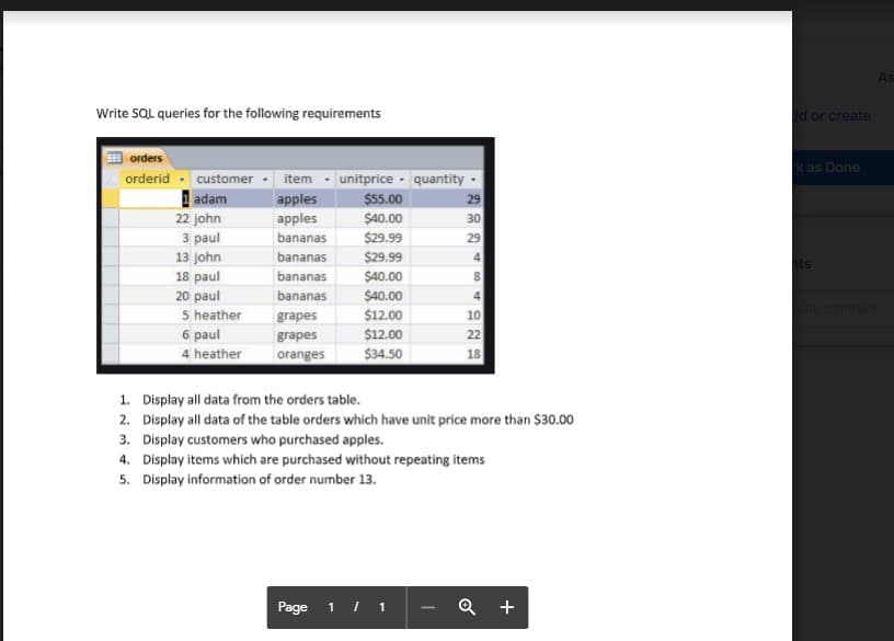 As
Write SQL queries for the following requirements
ld or create
曲 orders
k as Done
orderid · customer - item • unitprice - quantity -
apples
apples
adam
$55.00
29
22 john
3 рaul
13 john
18 paul
20 paul
5 heather
6 paul
$40.00
30
$29.99
$29.99
bananas
29
bananas
4
nts
bananas
$40.00
bananas
$40.00
4.
comment
grapes
$12.00
10
22
18
grapes
$12.00
4 heather
oranges
$34.50
1. Display all data from the orders table.
2. Display all data of the table orders which have unit price more than $30.00
3. Display customers who purchased apples.
4. Display items which are purchased without repeating items
5. Display information of order number 13.
Page 1 I 1
Q +
