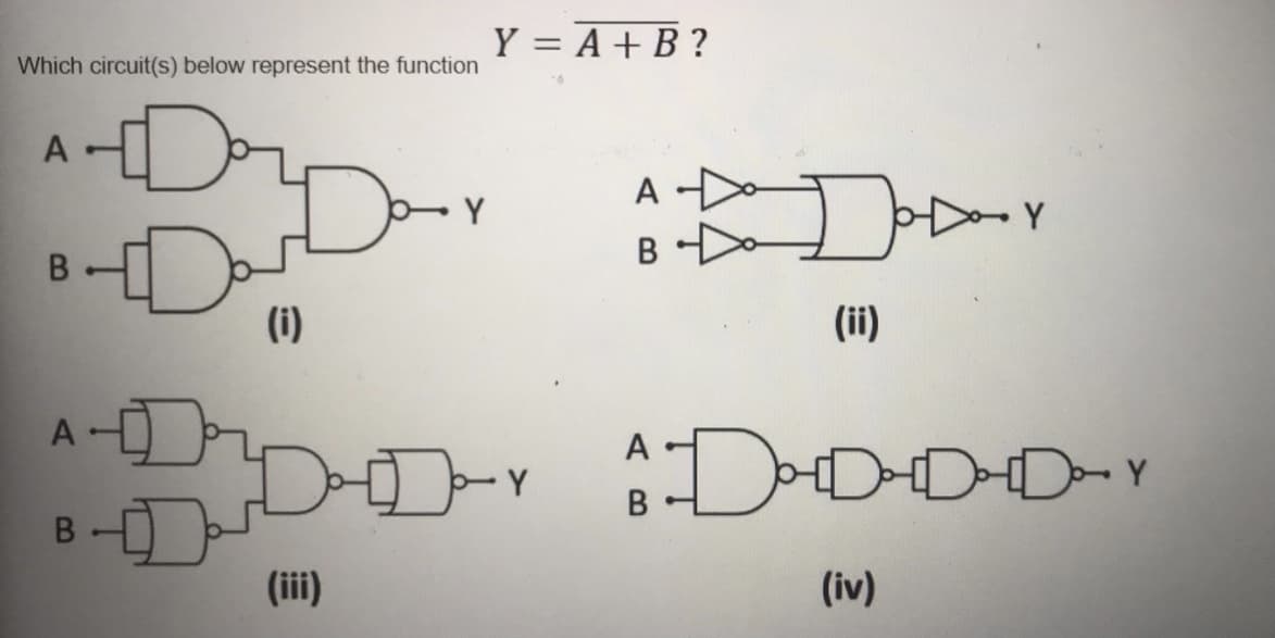 Y = A + B ?
%3D
Which circuit(s) below represent the function
A
DooY
В
(i)
(i)
A
A
Y
(ii)
(iv)
